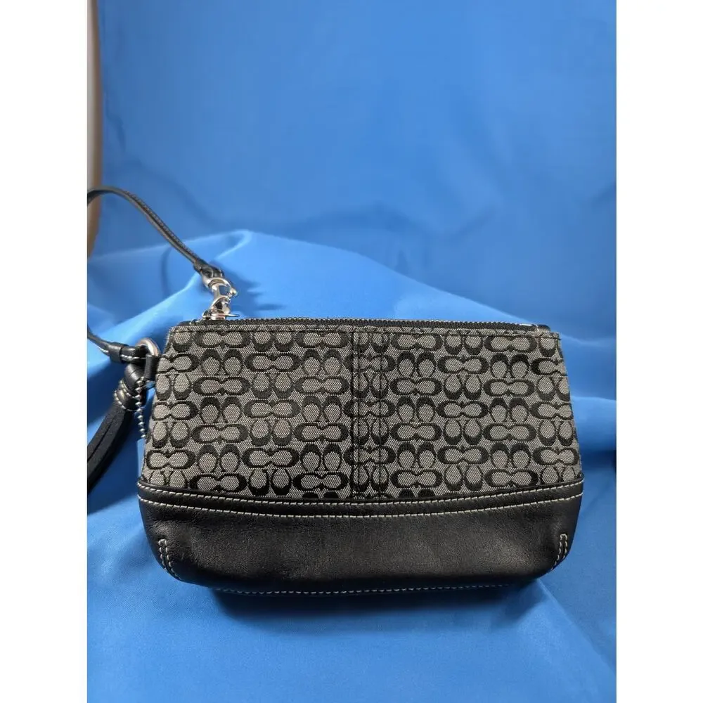 Coach Vintage Signature Kissing C Logo Mini Wristlet Black Gray Canvas Leather